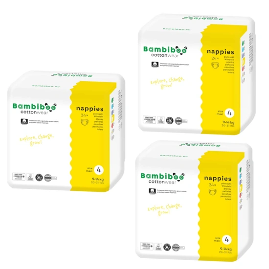 Set 3 x 24 Stk - Bambiboo COTTONWEAR Einwegwindeln mit Bio-Baumwolle für Kinder, Größe 4 Maxi (9-14 kg)