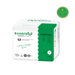 Jednorazowe pieluszki Bambiboo COTTONWEAR z bawełną organiczną i wycięciem na pępek, rozmiar 1 (2-4kg) 28 szt.
