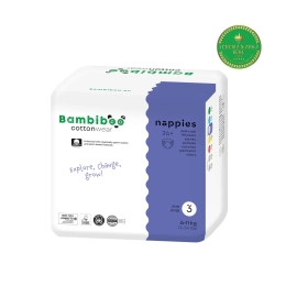 Jednorazowe pieluszki Bambiboo COTTONWEAR z bawełną organiczną dla niemowląt, rozmiar 3 Midi (6-11kg) 26 szt.